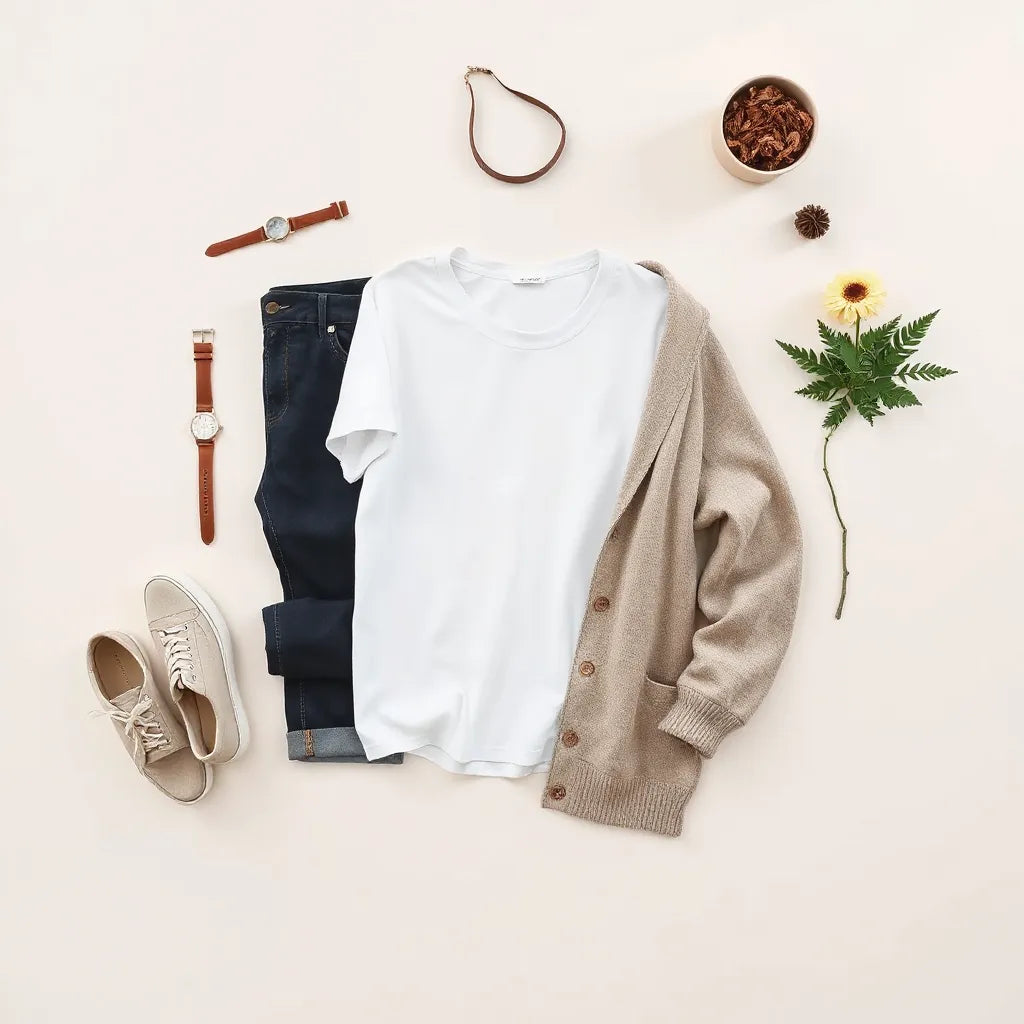 Peças de roupa essenciais básicas organizadas em fundo neutro com tênis e acessórios discretos
