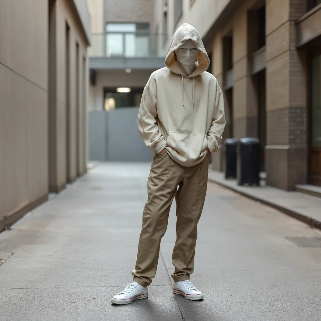 Pessoa com conjunto oversized neutro em rua urbana discreta, destacando caimento amplo e conforto.