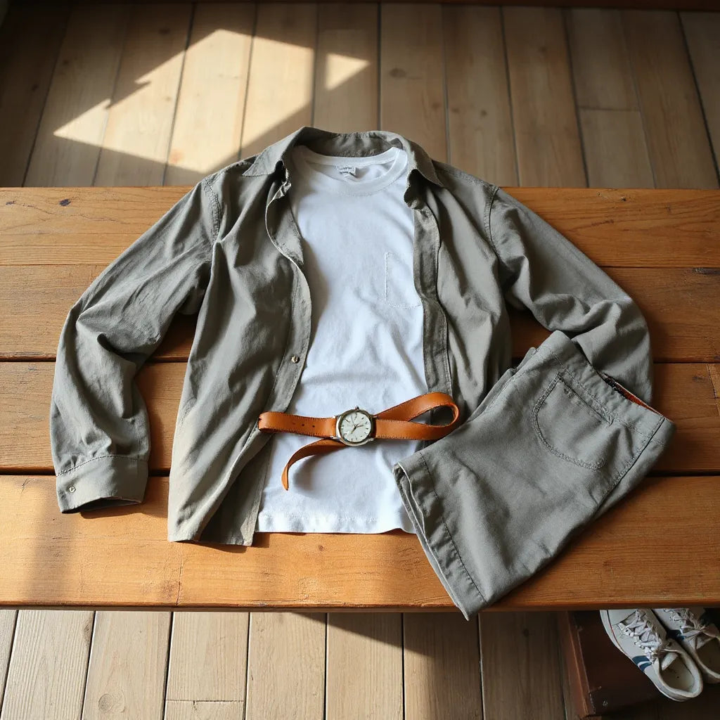 Roupa casual funcional e peças essenciais em tons neutros sobre um banco de madeira