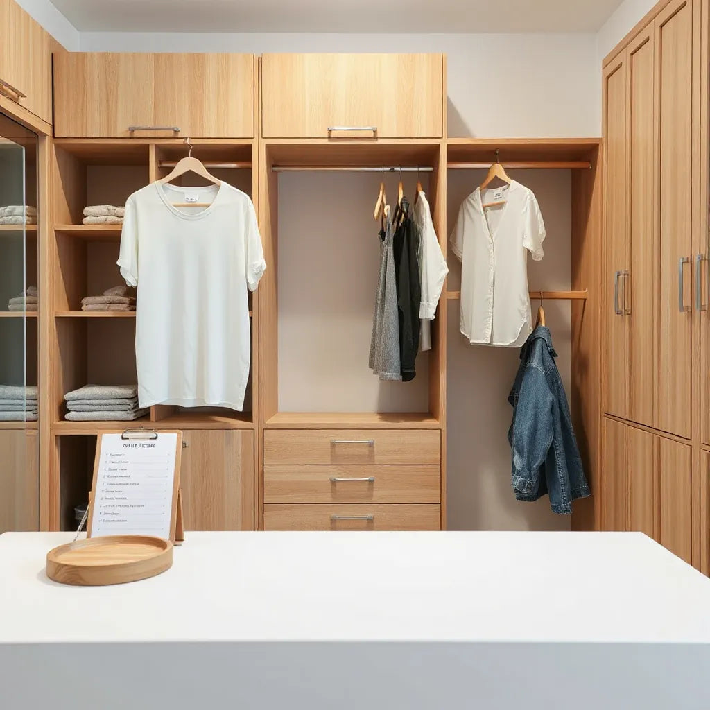 Peças neutras essenciais organizadas em um closet minimalista, com cabides e roupas dobradas