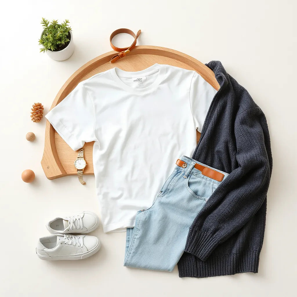 Roupa casual básica com camiseta branca, jeans claro e tênis, em composição minimalista