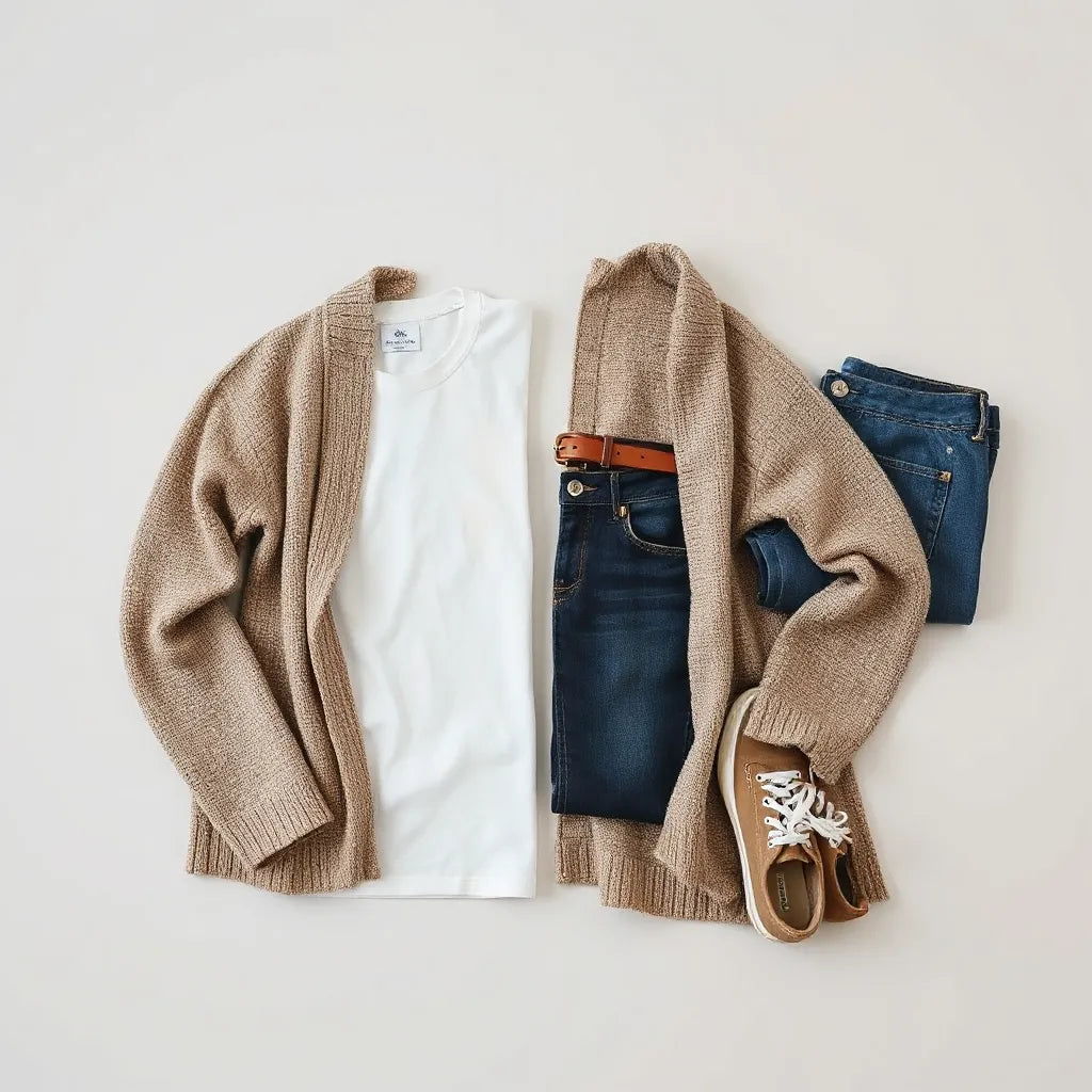 Conjunto de peças básicas neutras dispostas em fundo claro para compor looks simples do dia a dia