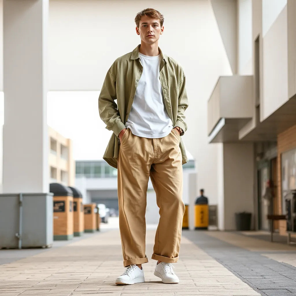 Modelo usando peças oversized em sobreposição, com calça ampla e tênis, em ambiente urbano minimalista