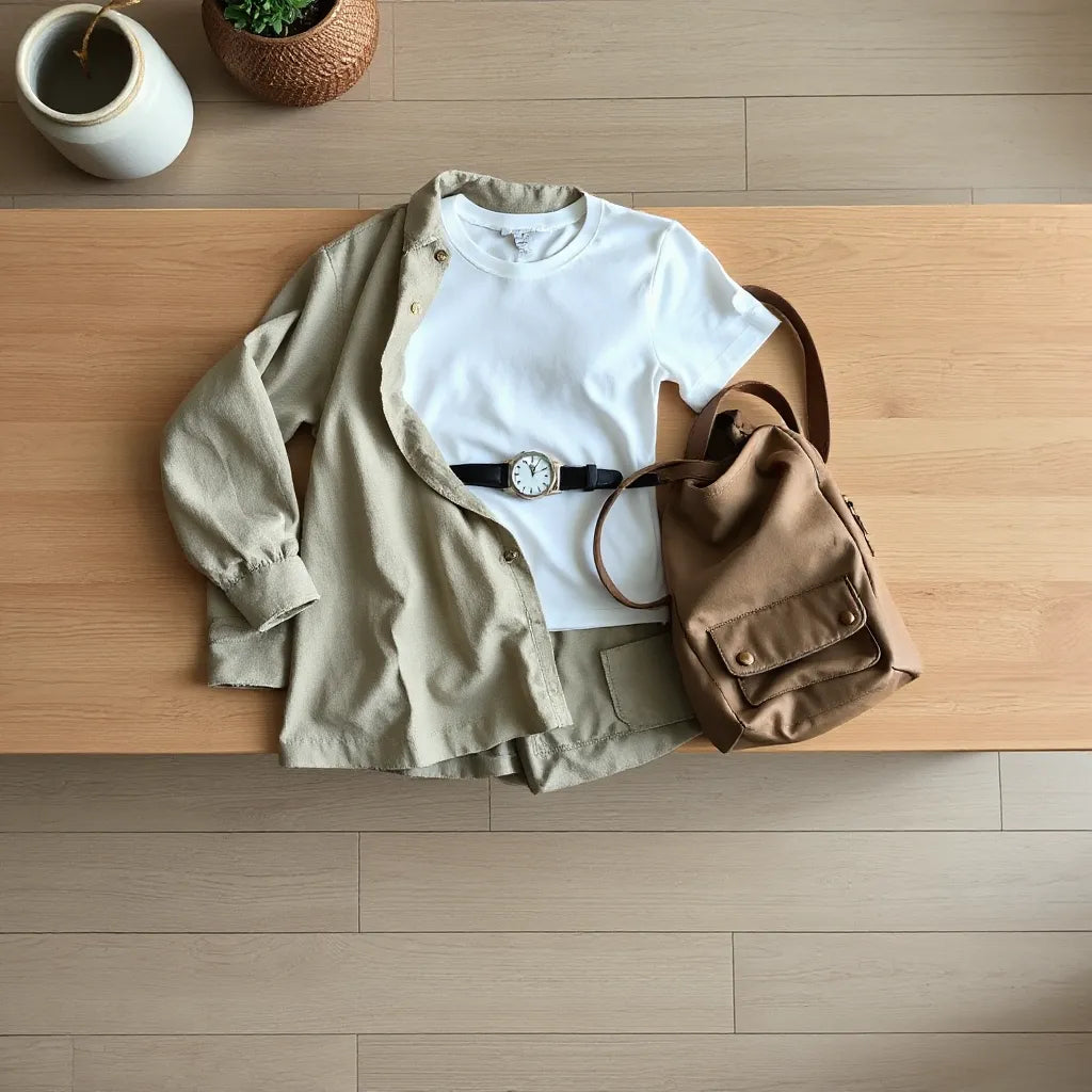 Roupa casual em tons neutros e acessórios minimalistas sobre banco de madeira ao lado de tecido dobrado