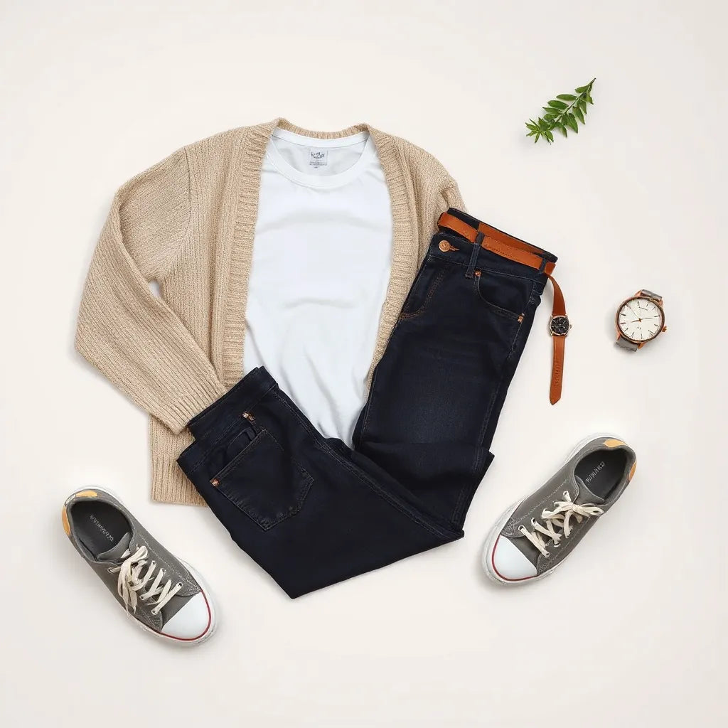 Itens essenciais de roupa em disposição minimalista: camiseta, cardigã, jeans e tênis sobre fundo claro.