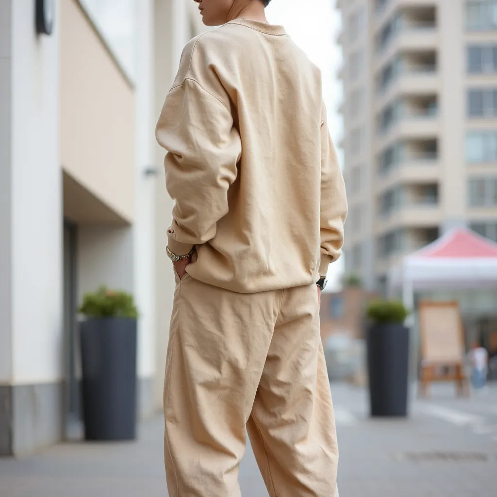 Modelo usando moletom e calça oversized em tons neutros com caimento solto e confortável