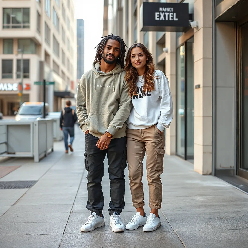 Pessoa usando look streetwear com moletom oversized e jeans, em rua urbana ao ar livre