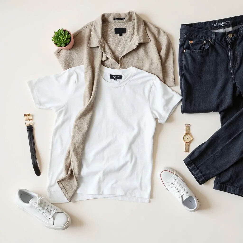 Peças básicas do guarda-roupa organizadas em fundo neutro, com camisetas, jeans e acessórios.
