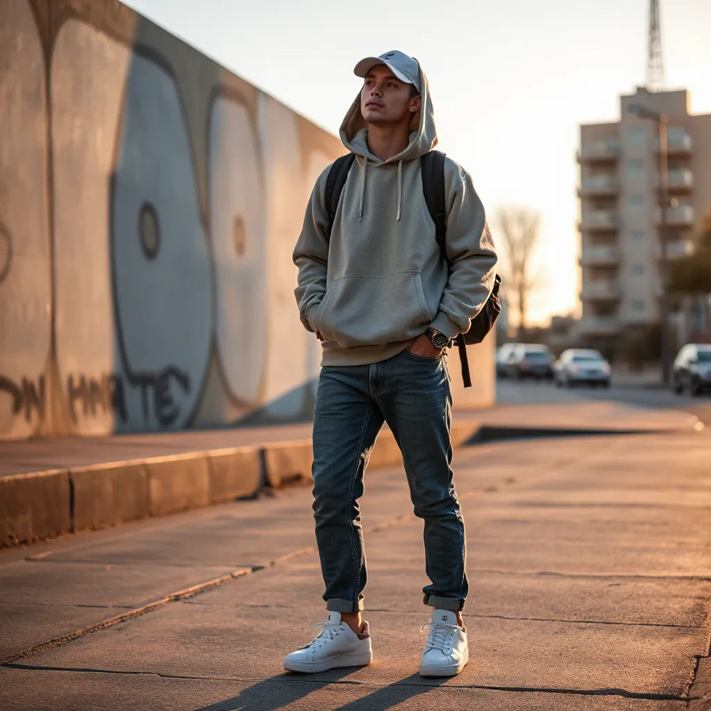 Pessoa em look streetwear com moletom oversized, ja jeans e tênis em rua urbana ao entardecer
